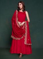 Georgette Red Party Wear Solid Readymade Gown With Dupatta